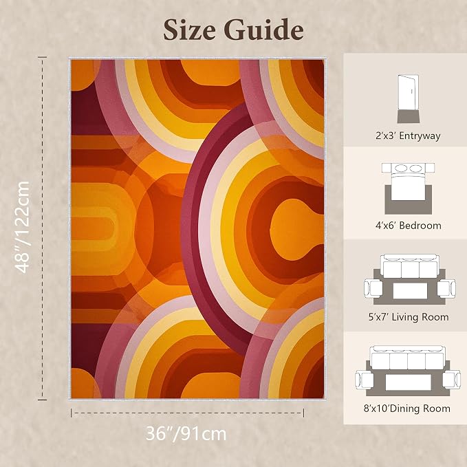 Retro Halo Area Rug 3x4, Mid Century Rainbow Arch Rug, Retro Abstract Carpet for Living Room Bedroom, Soft Non Slip Washable Rug
