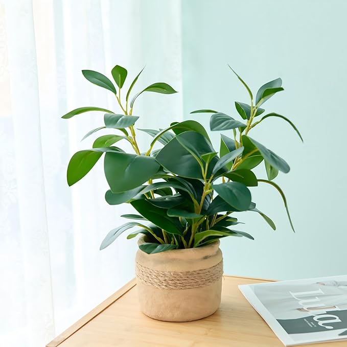 Artificial Plants Potted 12.8'' Fake Ficus Plant in Jute-Wrapped Yellow Planter Realistic Leaves Faux Plants Greenery Suitable for Home Office Kitchen Bathroom Bedroom Tabletop Decoration