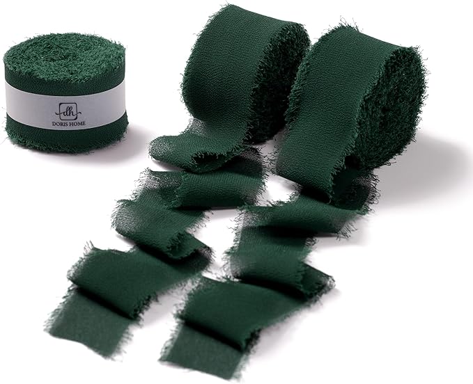 DORIS HOME Dark Green Chiffon Ribbon for Flower Bouquet, 1" x21Yd Fabric Ribbon for Gift Wrapping, Handmade Frayed Ribbon for Wedding Invitations/Christmas Decorations