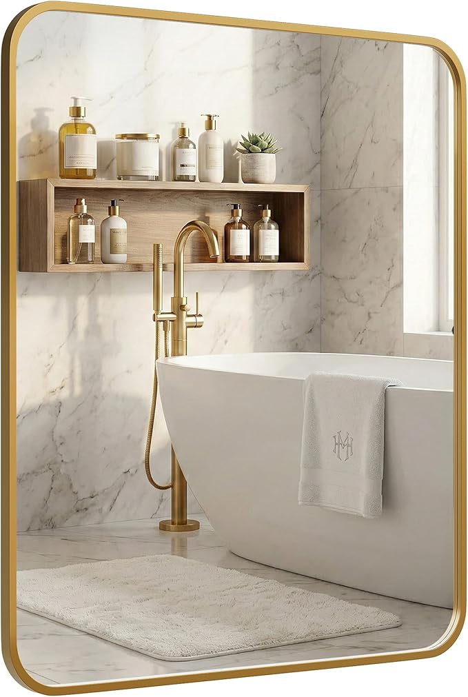 30x36 Inch Antique Gold Bathroom Vanity Mirrors | Flush Mount Deep Set Metal Wall Mirror for Over Sink | HD Shatterproof Glass, Rustproof | 1 Pack