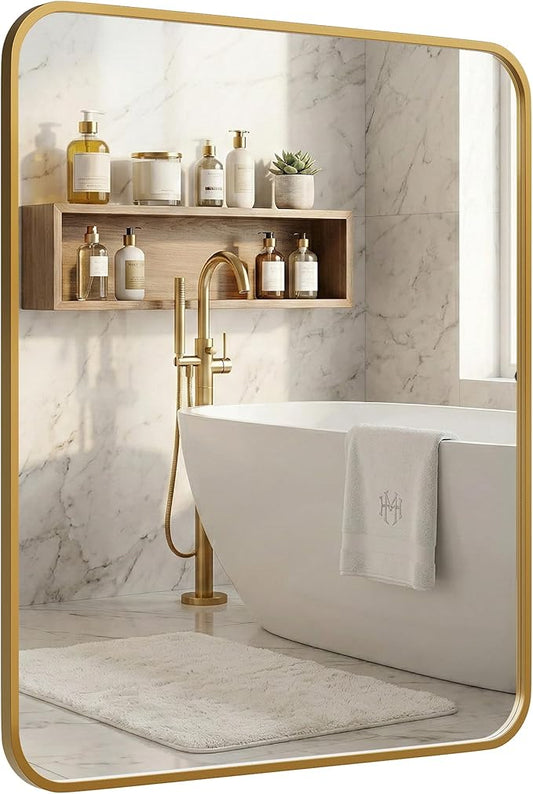 30x36 Inch Antique Gold Bathroom Vanity Mirrors | Flush Mount Deep Set Metal Wall Mirror for Over Sink | HD Shatterproof Glass, Rustproof | 1 Pack