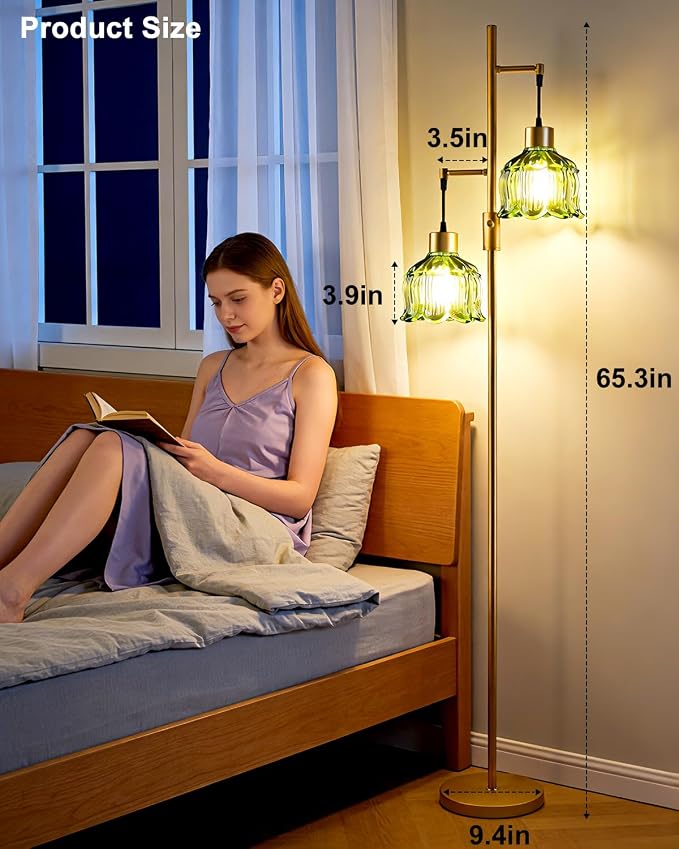 Lightdot 2- Light Gold Flower Floor Lamp, 65IN Green Glass Floor Lamps with 3000K Warm White Bulbs, Modern Standing Tall Lamp with 5Lbs Heavy Base for Living Room Bedroom Home Office Sofa Beside