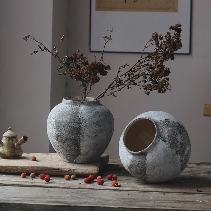 Rustic Distressed Large Ceramic Vase, 8.6 inch Terracotta Pottery Tall Decorative Vases, Concrete Vases Clay Stone Antique Big Vase for Home Decor (Round 8.6 in X 8 in)