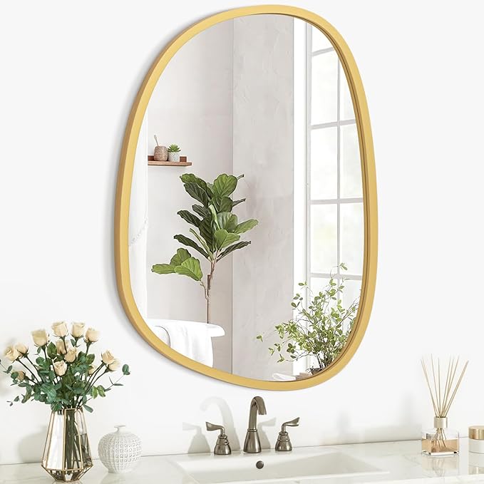 Irregular Wooden Framed Mirror for Wall Modern Asymmetrical Unique Hanging Mirror Artistic Unique Oval Shape Wall Mirror Decor Bathroom Vanity Bedroom Living Room Entryway Hallway Small