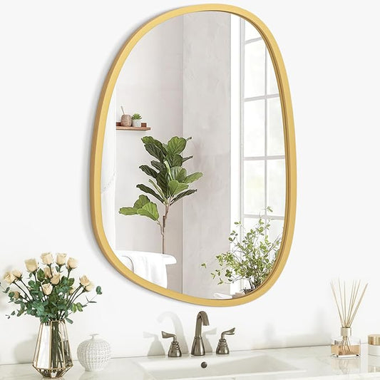 Irregular Gold Modern Asymmetrical Small Wooden Framed Hanging Wall Mirror - Unique Oval Shape for Bedroom, Bathroom, Entryway, Living Room