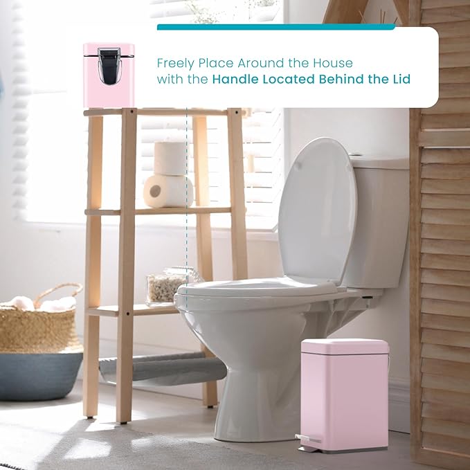 Home Zone Living 1.3 Gallon Small Bathroom Trash Can with Lid and Step Pedal, Stainless Steel Wastebasket with Slim Design for Home and Office, Matte Pink, 5 Liters