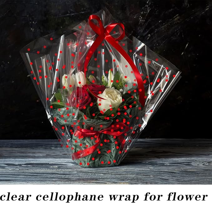 CMFYHM Clear Cellophane Wrap Roll(34" x 120’Ft) 3Mil Red Polka Dot Cellophane, Cellophane Gift Wrap Roll, Cellophane Wrap for Gifts, Baskets, Flowers, Party Decorations