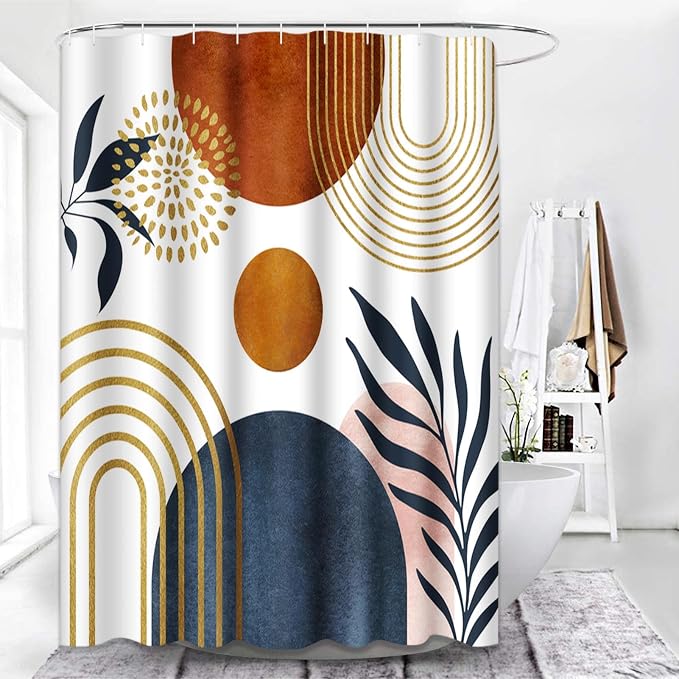 Emvency Shower Curtain Mid Century Sun Boho Geometric Leaf Aesthetic Arch Curve Bathroom Home Decor Waterproof Polyester Fabric 72 x 72 inches Set with Hooks