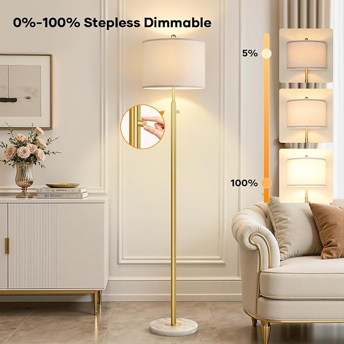 【Upgraded】Dimmable Gold Floor Lamps for Living Room, 11W LED Bulb Included, Modern Standing Lamp with Marble Base, Tall Pole Light with White Linen Shade for Bedroom Reading Office Corner Nursery