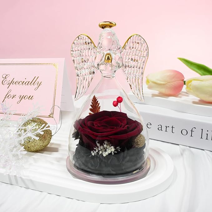 Sunia Preserved Flower Rose Gift for Women - Mother's Day Birthday Gifts for Mom Wife Grandma, Glass Angel Figurines Forever Real Roses Gifts for Her Valentine Day Thanksgiving﻿ (Redwine)