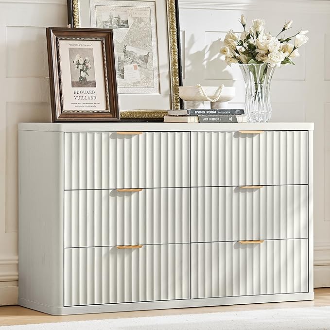 LEYAOYAO Fluted 6 Drawers Dresser Set of 2, 48" Wide Modern Chest of Drawers with Wood Grain Top, Curved Profile Design, Dresser TV Stand, Wooden Drawer Organizer for Bedroom, Living Room, White