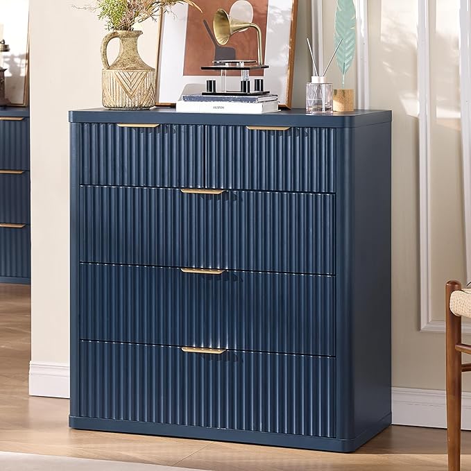 LEYAOYAO Fluted 5 Drawers Dresser for Bedroom Set of 2, 34" Tall Modern Chest of Drawers with Metal Handle, Curved Profile Design,Navy Blue Wood Drawer Organizer for Bedroom, Living Room, Hallway
