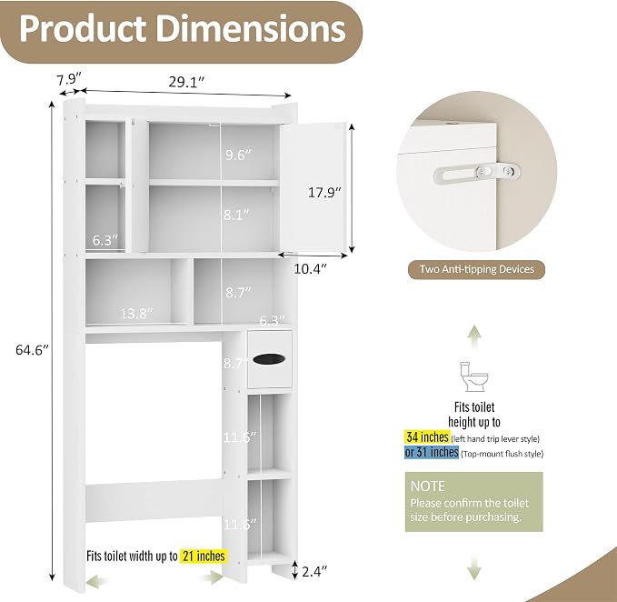 Over the Toilet Storage Cabinet, Freestanding Storage Cabinet Over Toilet, Bathroom Storages Organizer Cabinets with Toilet Paper Holder Stand and Adjustable Shelf, White