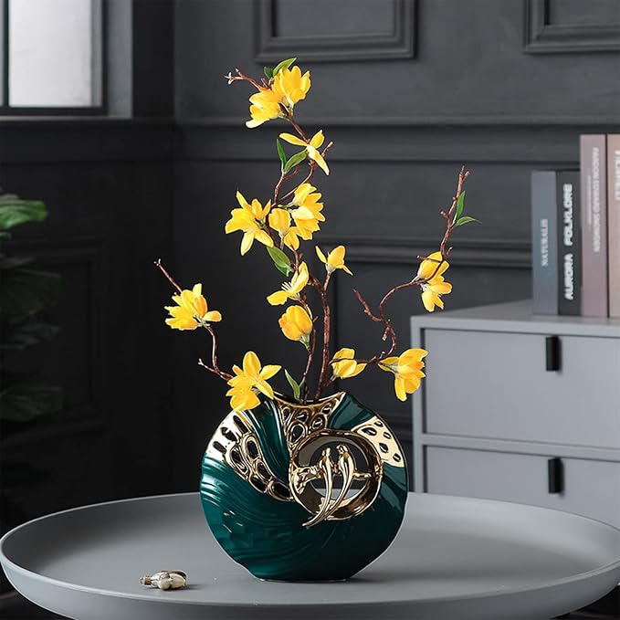 Luxury Green & Gold Ceramic Vase with Lovebird Design, Modern Home Decor for Living Room, Entryway, Bookshelf, Perfect for Dried Flowers, Faux Plants, Wedding & Housewarming Gift(Vase)