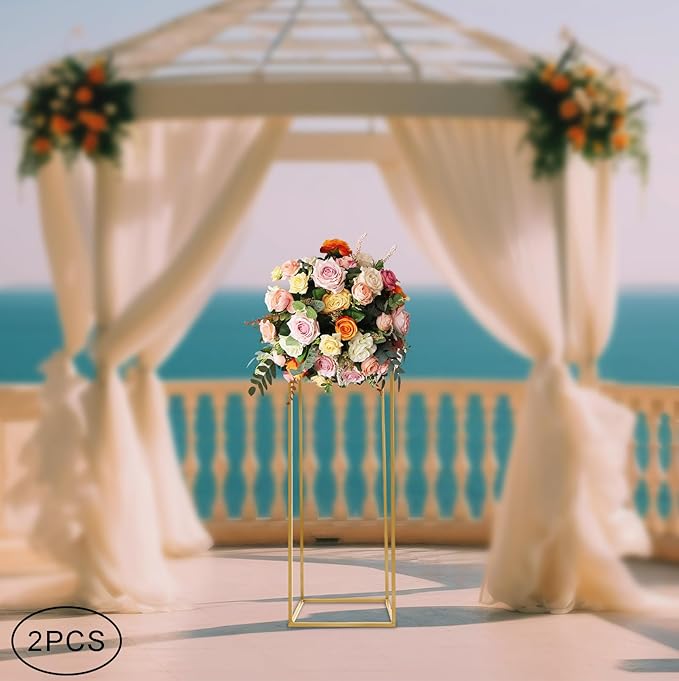 2PC 31.5" Flower Stand for Wedding Metal Cylinder Stands for Party Rectangular Gold Centerpieces Flower Vase Gold Pedestal Columns for Weddings Indoor Outdoor Flower Plant Stand Decoration