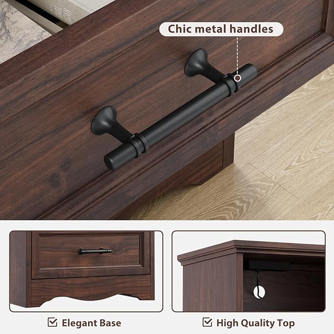 Walnut Nightstand with Charging Station, Farmhouse End Table with 2 Drawers Storage, Wooden Night Stand, Bedside Table with Open Shelf, Bedside Cabinet for Bedroom, Living Room