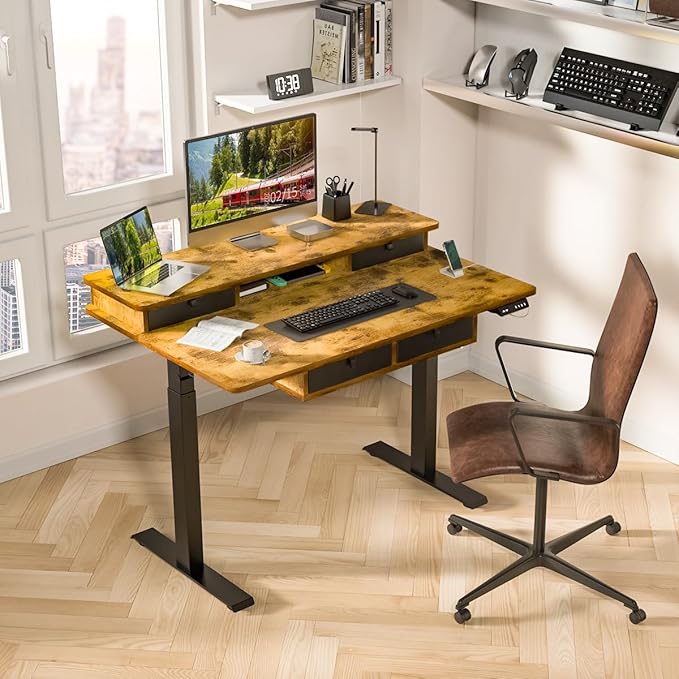 Kingant Standing Desk with Fast Charging USB Ports, 48" x 30" Height Adjustable Home Office & Gaming Desk, Sit Stand Desk with Built-in Storage Shelf, Hook & Ergonomic Design(Rustic Brown)