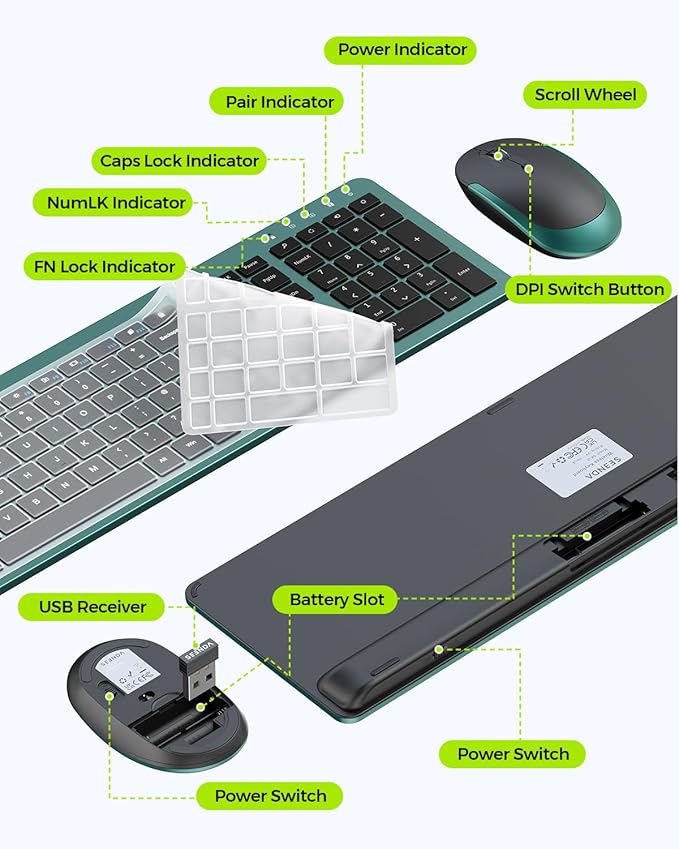 Wireless Keyboard and Mouse Combo, Full Size Slim Thin Cordless Keyboard Mouse with Numeric Keypad, Quiet Computer Keyboard Mice Set 2.4G Stable Connection Adjustable DPI (Green)