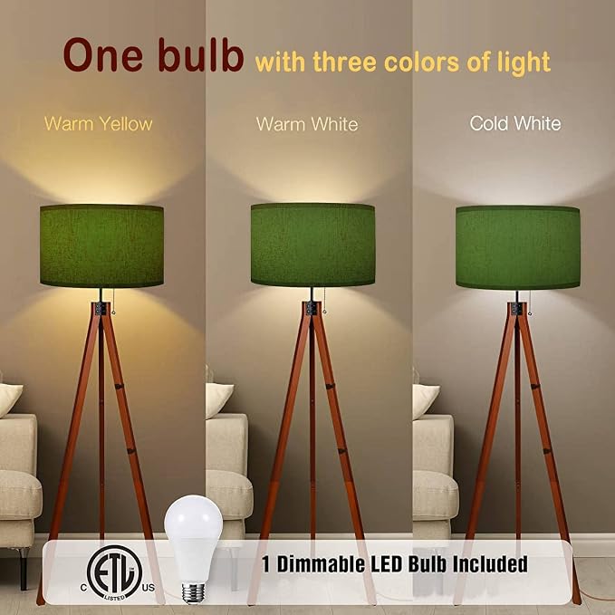 Wood Tripod Floor Lamp Olive Green Frosted Glass Modern Standing Lamp Linen Lampshade Dimmable Tall Lamp Mid Century Floor Lamp for Living Room Bedroom