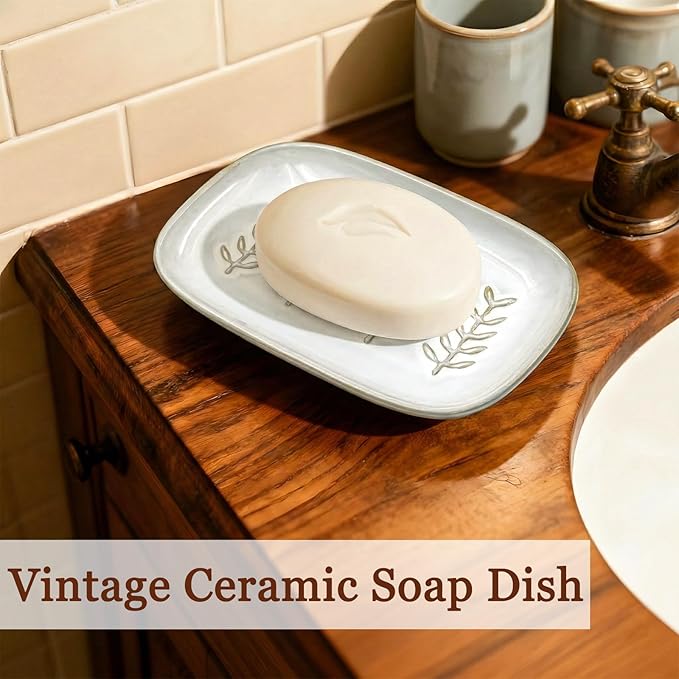 HighHerz Aesthetic Ceramic Soap Dish for Shower, Soap Holder with Raised Relief, Shower Soap Dish for Shampoo Bar Or Sponge, Soap Saver for Bathroom, Kitchen, Sink, Decorative Soap Tray (White)