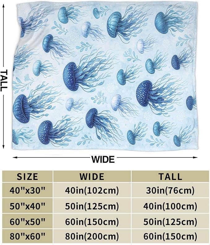 Jellyfish Blanket Marine Life Throw Blanket Blue Ocean Sea Soft Cozy Fleece Sealife Fuzzy Stuffed Plush Animal Flannel Gifts for Girls Women Boys Kids Adults 40''x50''