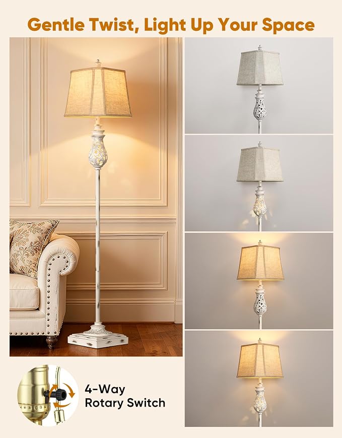 PARTPHONER 64'' Vintage Floor Lamp with Nightlight, Rustic Farmhouse Tall Standing Lamp with Rotary Switch and Beige Linen Shade for Living Room, Corner, Bedroom, House Decor, White (Bulb Included)