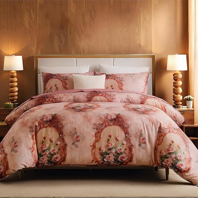 100% Cotton Duvet Cover Set King Size – Pink French Vintage Rose Bedding with Zipper Closure, 3-Piece Luxury Romantic Shabby Chic Floral Comforter Cover with 2 Pillowcases