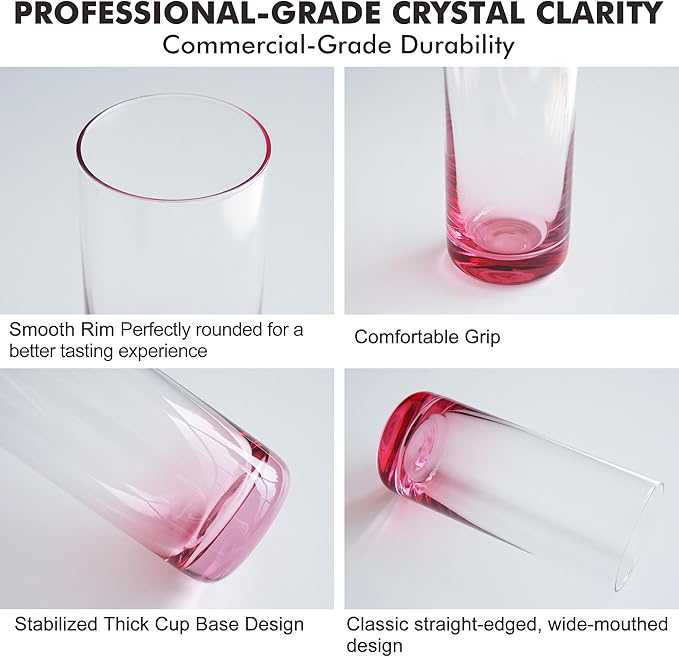 Pink Highball Glasses Set of 6,13oz Pink Drinking Glass Cups for Mixed Drink Cocktail, Beer, Mojito, Water and Juice,Thick Tall Crystal Glassware for Kitchen, Restaurant, Home Bar and Parties