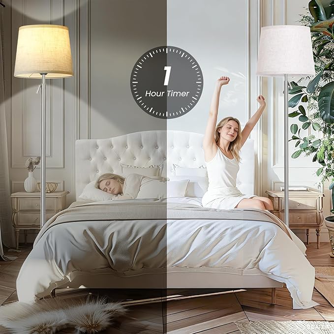 Modern Floor Lamp for Living Room and Bedroom- 55"-67" Height Adjustable Standing Lamps with Dimmable LED Bulb and Remote Control-Bright Tall Stand Light with Shade for Corner Lighting （Silver）