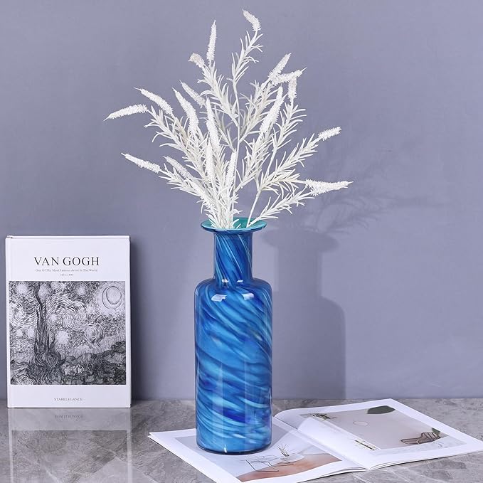 13" H Hand-Blown Glass vase, Modern Art Glass Cylindrical vase, Blue Glass Decorative vase, Ideal for Living Room Dining Table centerpieces, TV Console, Office, or Console Table Decor.