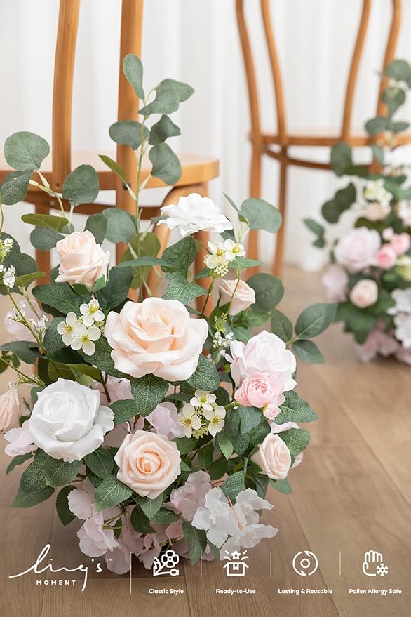 Ling's moment 17.5" Tall Free Standing Artificial Flowers Arrangements 2 pcs Wedding Aisle Runner Chair Decorations Blush & Cream Centerpieces for Ceremony Reception Rose Floral Floor Party Outdoor