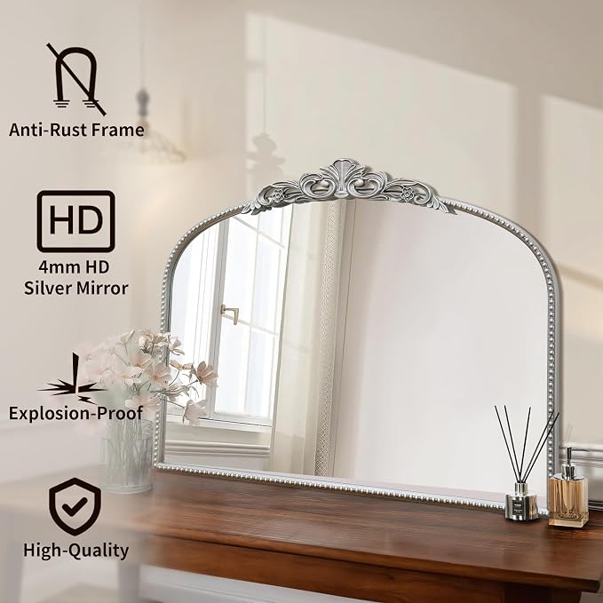 Micasso Vintage Wall Silver Mirror: 32"x24" French Baroque Antique Mirror - Traditional Ornate Decorative Arched for Wall/Bathroom/Entryway/Fireplace/Hallway - Home Decor for Living Room