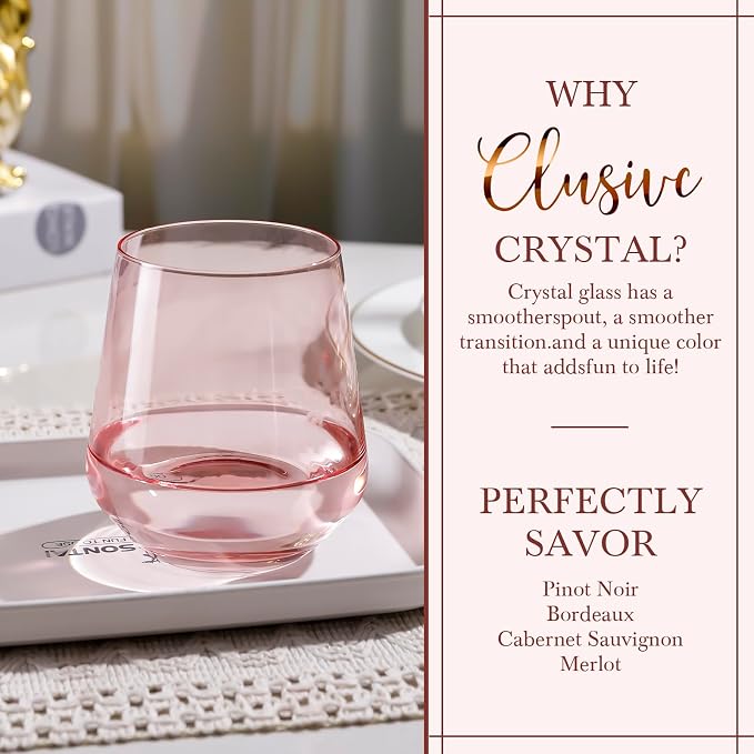 Pink Stemless Wine Glass Set of 6-17oz Wine Glasses, Stemless Drinking Glasses for Wine, Cocktails & Beverages - Elegant Glassware for Home, Bar & Holiday Use