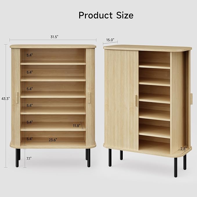 ONBRILL 6-Tier Shoe Cabinet with Sliding Door, Wooden Shoe Storage Cabinet with Adjustable Shelves, Mid-Century Modern Freestanding Shoe Storage Organizer for Entryway, Hallway, Living Room, Oak