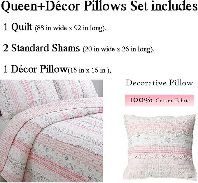 Cozy Line Home Fashions Shabby Chic Pink Flower Lace Ruffle Stripe 100% Cotton Reversible Quilt Bedding Set, Coverlet, Bedspread (Pink, Queen - 4 Piece: 1 Quilt + 2 Sham + 1 Décor Pillow)