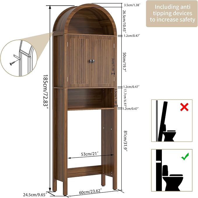 Arched Over The Toilet Storage Cabinet with Fluted Doors, 4 Tier Small Bathroom Shelf Organizer, Mid Century Modern Bathroom Cabinet with Adjustable Shelf, Slim Narrow Arch Toilet Rack, Walnut