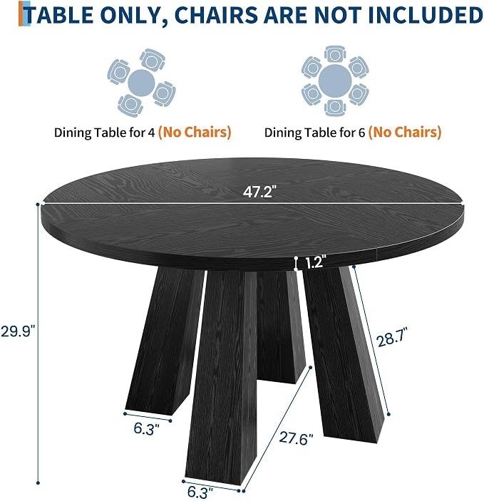 IDEALHOUSE 47" Round Dining Table for 4-6, Wood Kitchen Table with Sturdy Base, Farmhouse Circle Dinner Table for Dining Room, Living Room, 4 Strong Legs, Black