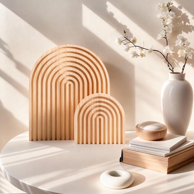 2 Pcs Natural Wood Arch Decor, Boho Shelf & Serving Board for Fireplace Mantel, Kitchen Counter - Light Pine Finish, Scandinavian & Japandi Style Aesthetic Accents for Living Room, Home Office