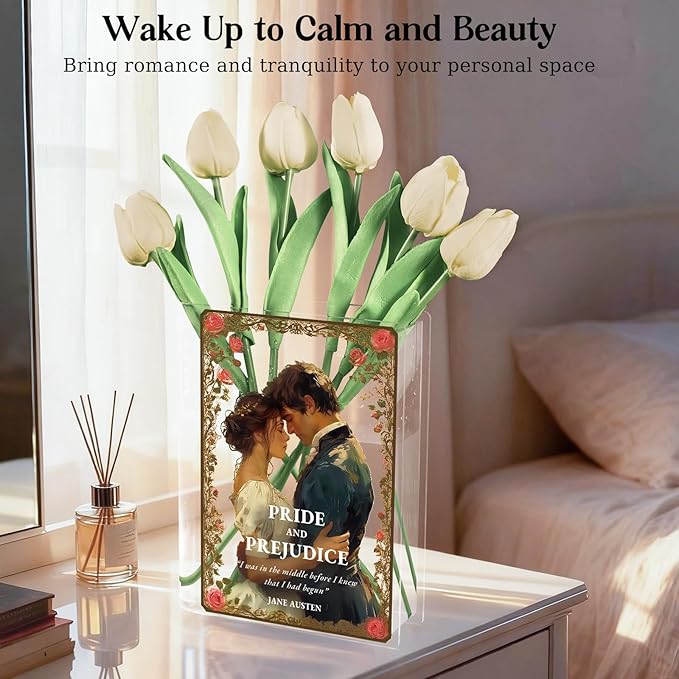 Pride and Prejudice Inspired Book Vase, Flower Vase for Home Decor, Birthday Gifts for Women Mom Book Lovers, Bookish Decor for Bookshelf Desk Coffee Table Office Living Room