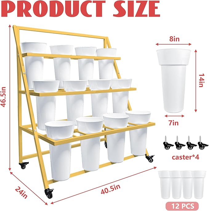 PROLEE Flower Display Stand with 12 Buckets, Flower Cart 3 Layers, Flower Stand Metal with Wheels, Moving Florist Bouquet Shelf, Triangular Rack, Gold