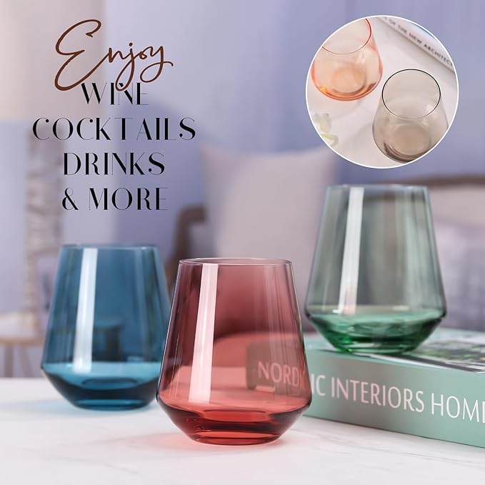 Color Stemless Wine Glass Set of 6-17oz Wine Glasses, Stemless Drinking Glasses for Wine, Cocktails & Beverages - Elegant Glassware for Home, Bar & Holiday Use