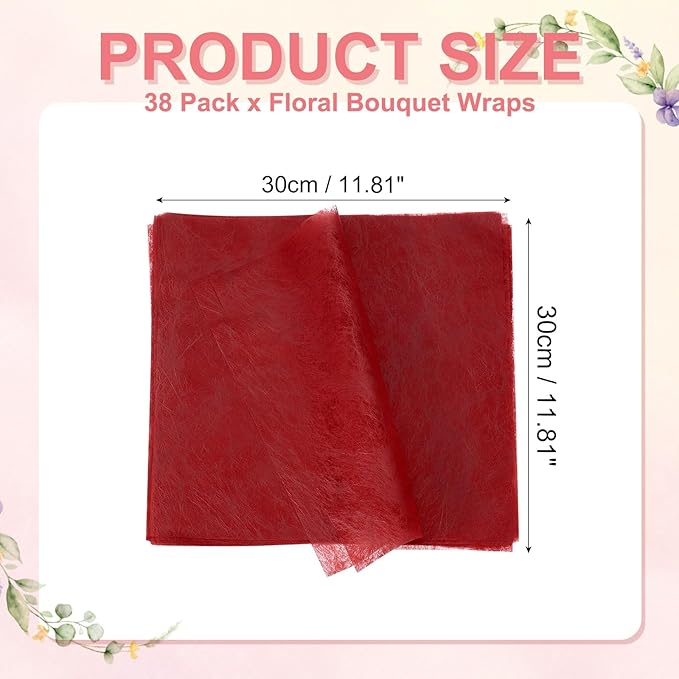 YELARXI Flower Wrapping Paper, Cotton Wrapping Flower Paper, Non-Woven Waterproof Floral Bouquet Wraps - Fitting for (Florist Supplies/Gift) 11.8 x 11.8 Inch & 38 Pack & Red