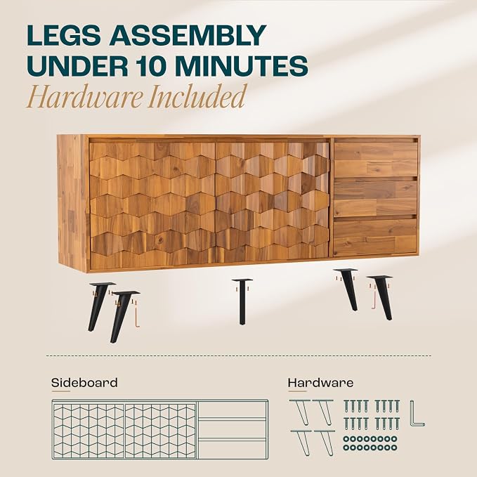 Bme Sideboard Georgina Solid Wood 2 Doors & 3 Drawers, 61'' Mid Century Modern Cabinet with Geometric Pattern for Kitchen, Dining, Living Room, Teak Brown