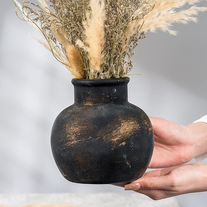 Ceramic Rustic Farmhouse Vase | 6 Inch Pottery Decorative Flower for Home Decor | Boho Vase | Terracotta for Table, Living Room, Bathroom Decoration, Shelf Decor, Mantel, Bronze
