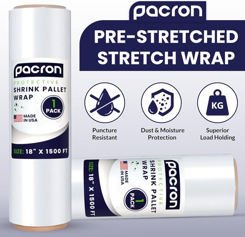 Pre-Stretched Stretch Wrap - Clear Hand Shrink Pallet Wrap Film, 18" x 1500FT, Tear-Resistant & Self-Adhering