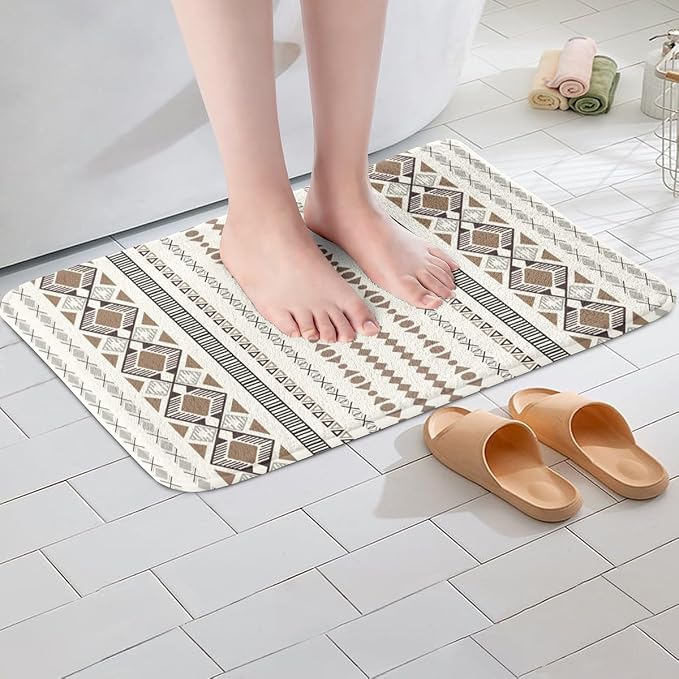 Feelyou Boho Aztec Bath Rugs 20"x32" Western Bohemian Striped Bathroom Rugs Brown White Bath Mats for Bathroom Women Girls Soft Non Slip West Cowboy Traditional Theme Bathroom Accessoriess
