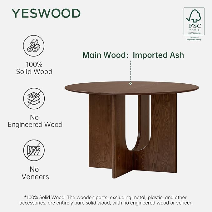 YESWOOD 43.3’’ Round Dining Table for 4-6, 100% Solid Wood Kitchen Table with U-Shaped Pedestal Base, Farmhouse Circle Modern Dinner Table for Dining Room, Living Room (Imported Ash Wood, Walnut)