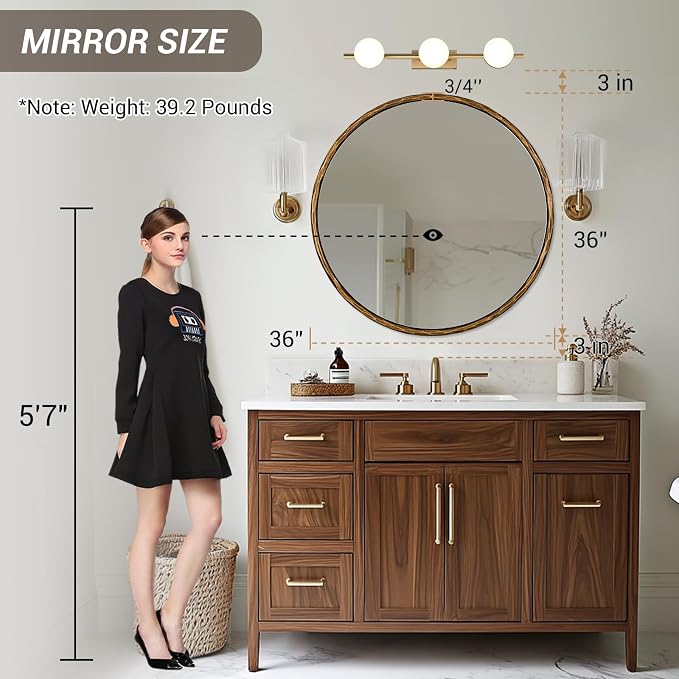 ANDY STAR 36 Inch Hand-Forged Round Gold Mirrors, Hammered Bathroom Round Wall Mirror for Over Sink, Solid Steel Metal Frame Vanity Circle Mirror for Antique, Vintage, Farmhouse, Rustic