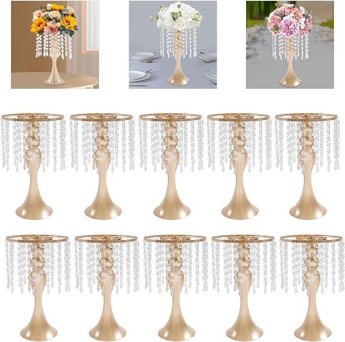 10 Pcs Glam Crystal Flower Stands, Wedding Reception Decorations with Sparkling Crystal Beads Table Center Display Flower Arrangement Flower Stand Metal Vase for Event Decor (Gold, Height:13.77in)
