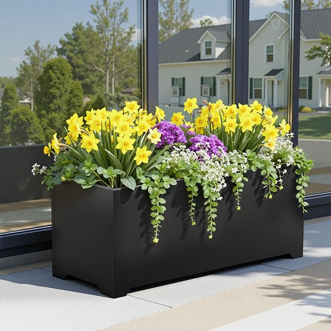 Metal Planter Box 32" L x 15" W x 15" H, Rectangular Trough Planter Box with 6 Drainage Holes & Raised Bottom, Black Large Outdoor Planters for Patio, Yard, Garden,Commercial Residential